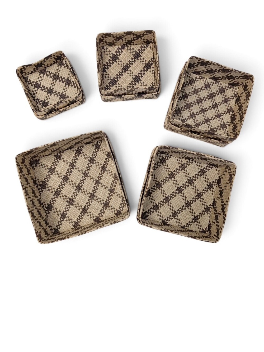 VINTAGE Nesting Woven Basket Set Boho Lidded Square Storage Natural 5PC Lot